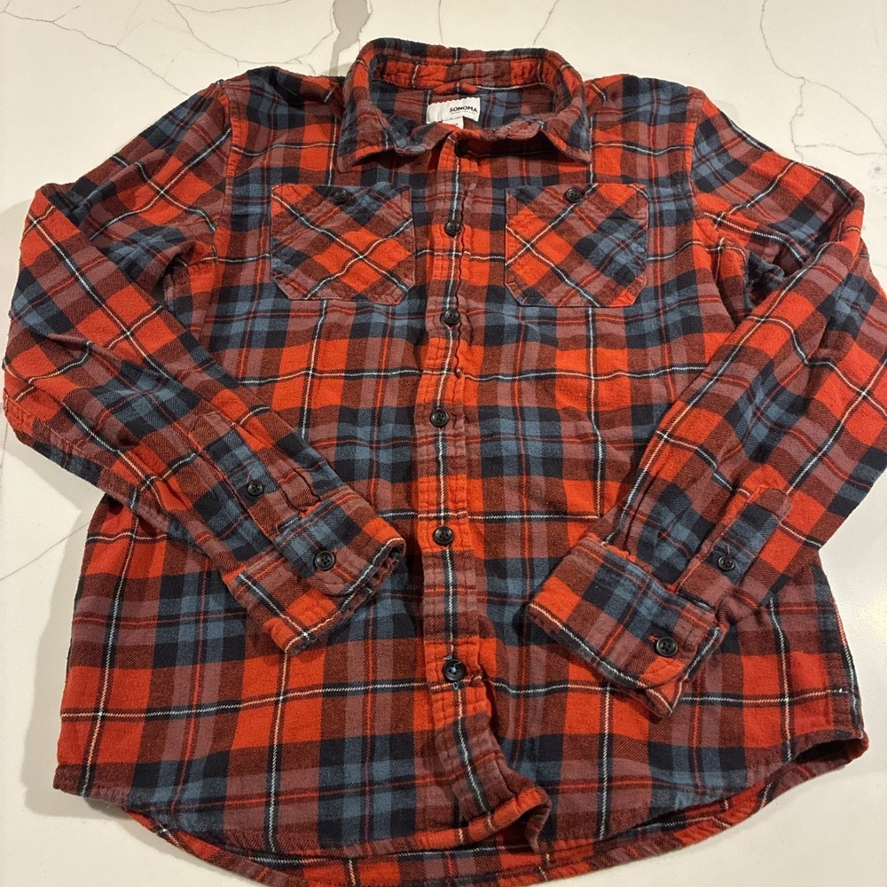 SONOMA‎ Boys Blue & Red Long Sleeve Button Down Flannel Shirt - Size: Large